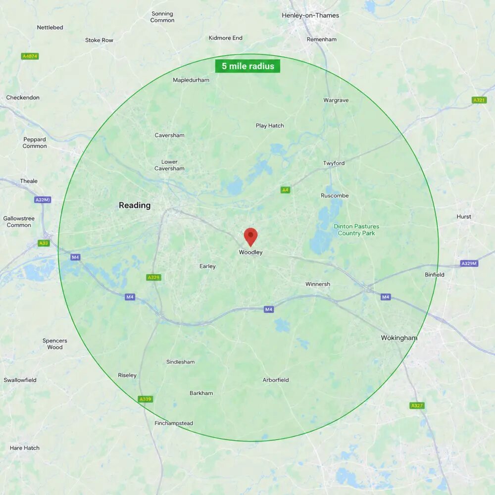 Approximate Techdustry service area around Woodley and Reading