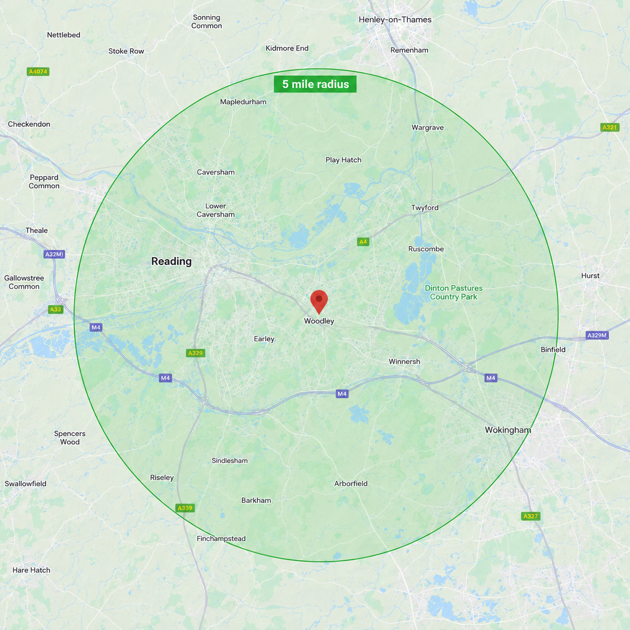 Techdustry 5 mile service radius map around Woodley and Reading